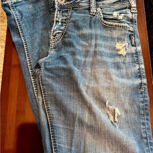 Silver Jeans Co Girlfriend SUPER Stretch Distressed Blue Denim Jeans - W30 L29